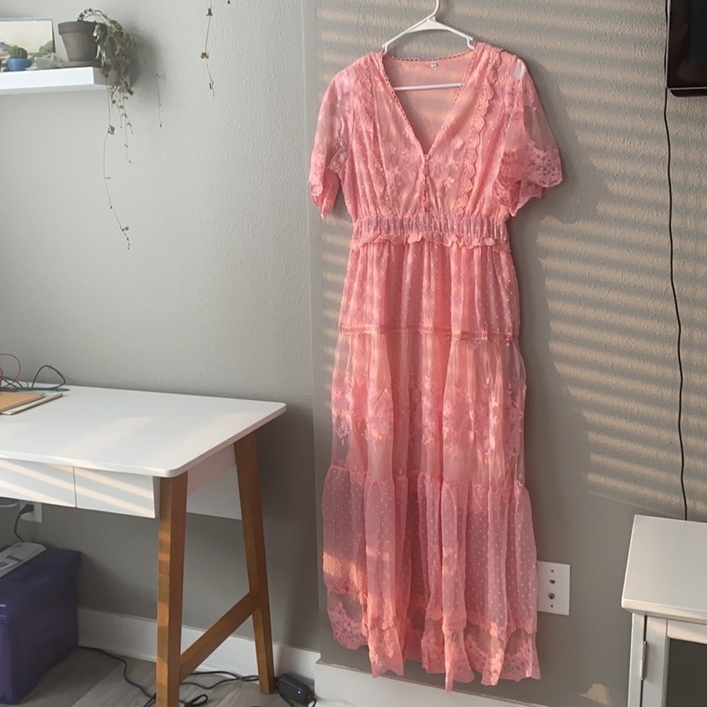 Cottage core embroidered floral maxi dress - PINK